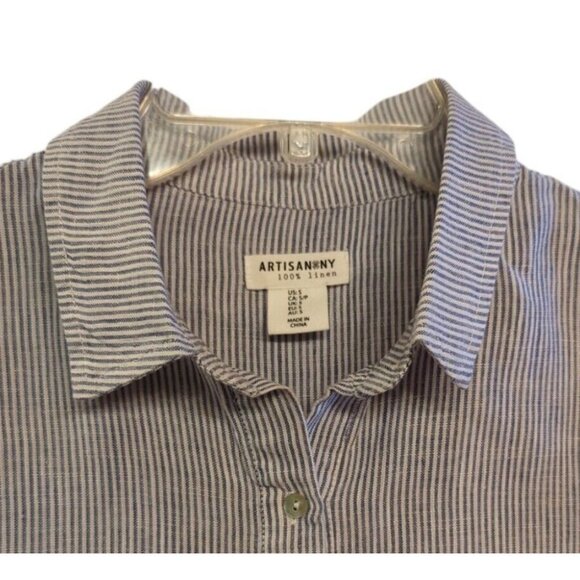 Artisan NY Womens Dress Blue Short Sleeve Button Up Striped 100% Linen Sz S Midi - Picture 3 of 6